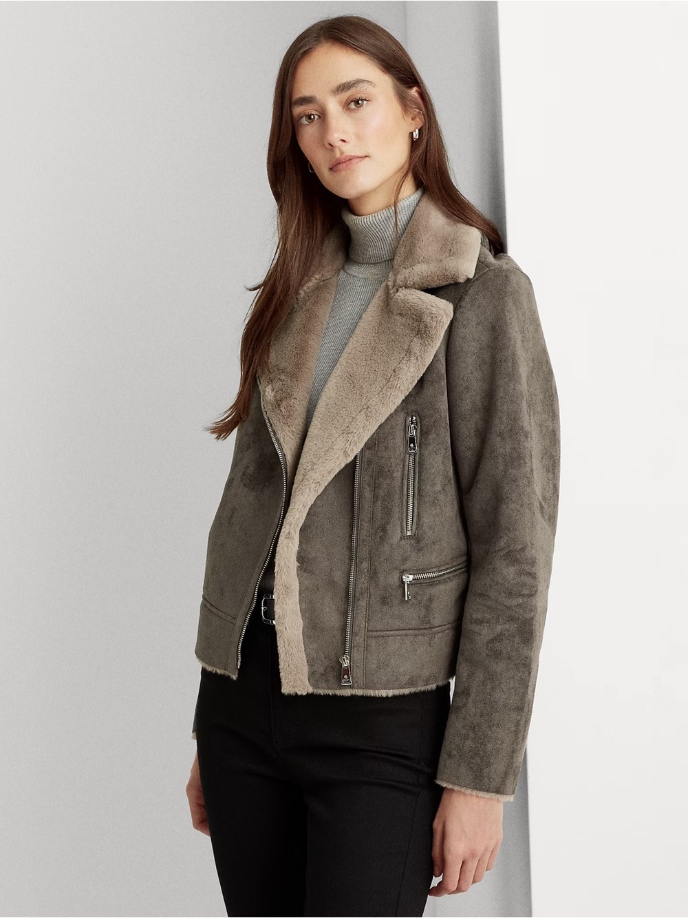 Lauren Ralph Lauren Faux Shearling Moto Jacket Faux Suede XL